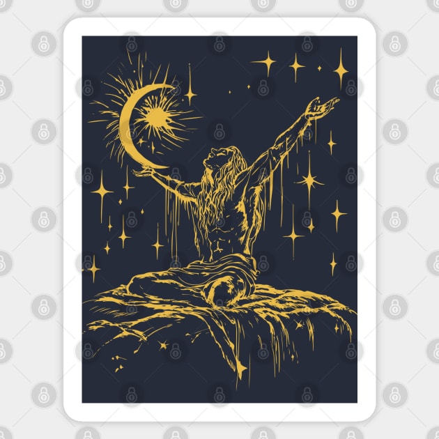 "Celestial Enlightenment – Mystical Man Reaching for the Stars Sticker by TuncGK